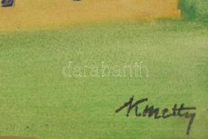 Kmetty jelzéssel: Háztetők templom toronnyal. Akvarell, papír, üvegezett keretben, 26×36 cm