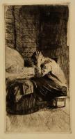 Käthe Kollwitz (1867-1945): Ülő férfi, rézkarc, papír, jelzett a dúcon, 28×15 cm