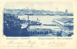 1899 Budapest, látkép, rakpart, gőzhajó, Mátyás templom (EK)