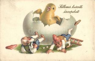 Kellemes Húsvéti Ünnepeket! / Easter greeting card, dwarves and chicken. Erika Nr. 2002. litho (EK)