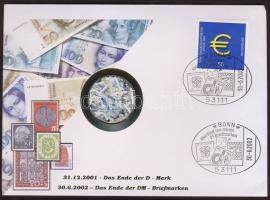 NSZK 2002. Kapszulában apróba vágott DM papírpénzek, "Búcsú a német márkától, búcsú a német bélyegtől" felirattal (Euro bevezetése!) FDC-n
