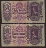 1930. 100P(2x) egymásutáni sorszámozással, sorozatszám utolsó betűje felfelé csúszva, az egyik hátlapi nyomatának bal oldalán jól látható alapnyomat és színhiányok! R! Ezenkívül mindkét hátlapi nyomat felfelé csúszva! T:I