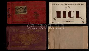 4 db régi olasz és francia képeslap album / 4 pre-1945 Italian and French postcard albums, booklets: Nizza (Nice), Firenze, Vatican City and 1 incomplete Italian art postcard album