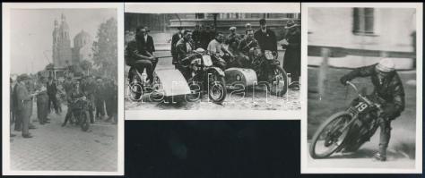 1928-1948 Neves motorversenyzők versenyeken (Kesjár, Lukavecz, Komlóssy, Zamecsnik, stb.), 3 db későbbi előhívás, hátoldalon feliratozva, 9,5x6,5 cm