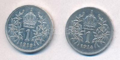 Ausztria 1913-1914. 1K Ag "Ferenc József" (2x) T:1-,2 kis ph.
Austria 1913-1914. 1 Corona...