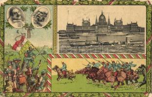 Budapest V. Országház, Vilmos császár és Ferenc József. Hazafias litho keret a gyalogsággal és huszárokkal (kopott sarkak / worn corners)