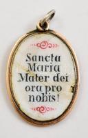 Szűz Mária Mariazell porcelán medál arany(Au) 14K kerettel, jelzés nélkül, 2x1,5 cm, bruttó: 1,4 g
