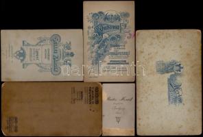 cca 1900-1910 5 db keményhátú műtermi portréfotó magyar és külföldi műtermekből, 10x6 és 21x13 cm kö...