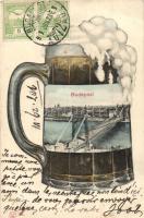 Budapest, Erzsébet híd. Montázslap söröskorsóval / Montage postcard with beer mug, TCV card (EB)