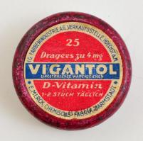 Régi Vigantol D-vitamin fém dobozka, kopásnyomokkal, d: 5 cm