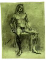 Berény jelzéssel: Ülő férfi akt, szén, papír, 65×50 cm