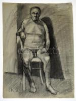 Ék jelzéssel: Ülő férfi akt, szén, papír, 65×50 cm