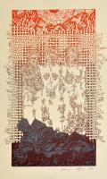 Olvashatatlan jelzéssel: Szövetdarabok. Szitanyomat, papír, 35×21 cm