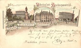 1899 (Vorläufer!) Budapest, Széchenyi-szobor, Etablissement Reutter palota, Hentzi-szobor és Honvédelmi minisztérium. floral Art Nouveau litho (EK)