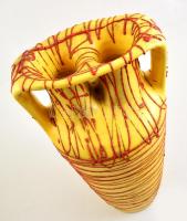 Iparművész kétlyukú padlóváza, mázas kerámia plasztikus festéssel, hajszál repedéssel és apró lepatt...