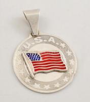 Ezüst(Ag) zománcos USA zászló függő, jelzett, d: 2,3 cm, bruttó: 4,6 g