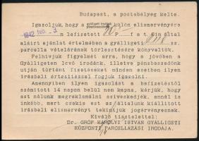 1942 Gróf Károlyi István Gyálligeti Központi Parcellázási Irodája gépelt elismervénye döbrösi Röhl A...