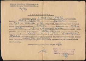 1945 a Magyar Királyi Államvasutak Szombathelyi Üzletvezetőségének igazolása madéfalvi géplakatos részére