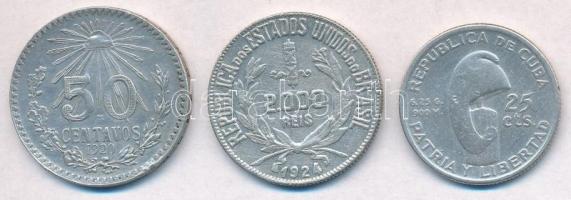 3db-os kis ezüst tétel; Mexikó 1920. 50c Ag + Brazília 1924. 2000R Ag + Kuba 1953. 25c Ag Jose Marti születésének centenáriuma T:2,2- 3pcs of silver coins; Mexico 1920. 50 Centavos Ag + Brazil 1924. 2000 Reis Ag + Cuba 1953. 25 Centavos Ag Centennial - Birth of Jose Marti C:XF,VF