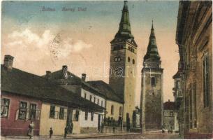 Zsolna, Sillein, Zilina; Felső utca templomokkal / Horny Val. / street view with churches (EK)