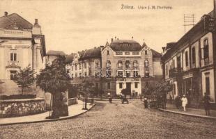 Zsolna, Sillein, Zilina; J. M. Hurbana utca, üzlet, reálgumnázium / ulica / street view with shop and grammar school