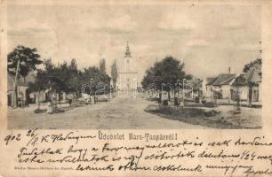 Barstaszár, Tesáre nad Zitavou (Taszármalonya, Tesárske Mlynany); utcakép templommal / street view with church (fl)