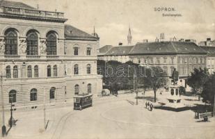 Sopron, Széchenyi tér, villamos. Piri Dániel kiadása (ázott sarok / wet corner)