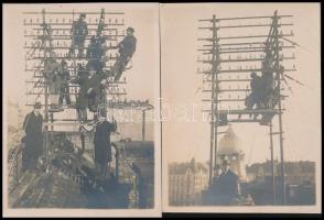 cca 1920-1930 Budapest, Móricz Zsigmond körtér, telefonállomás telepítése, 2 db fotó, 10,5x8 cm