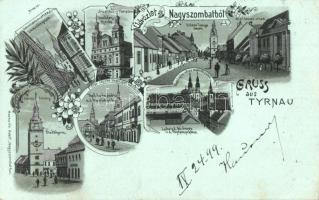 1899 Nagyszombat, Tyrnau, Trnava; Szeminárium, Alsó Hosszú és Nagy Lajos utca, Invalidus templom, Várostorony, Fő tér Nagy Lajos házával. Horovitz Adolf kiadása / streets, square, church, villa. Art Nouveau, floral, litho (EK)