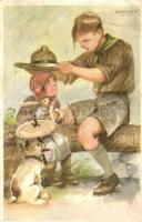 4 db RÉGI Márton L. cserkész művészlap / 4 pre-1945 scout art postcards signed by Márton L