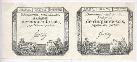Franciaország 1792. 50s Assignata (2x) ívben T:III,III- ly. France 1792. 50 Sols Assignata (2x) in a sheet of two C:F,VG holes