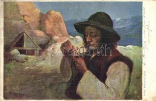 5 db RÉGI pipás motívumlap / 5 pre-1945 motive postcards with piping people