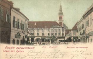 1900 Nagyszombat, Tyrnau, Trnava; Fő tér, Manheimer, Leopold Herzog, Magran Miksa, Bauer, Hugo Martiny üzletei, templom. Kiadja Horovitz Adolf / main square, shops, church (Rb)