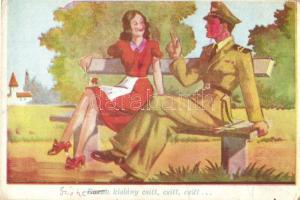 13 db VEGYES humoros katonai grafikai művészlap / 13 mixed humorous military graphic art motive card...