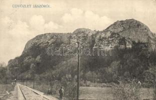 Jászó, Jászóvár, Jasov; Várhegy, vasútí sínek. Halász kiadása / castle mountain, railway tracks (EK)