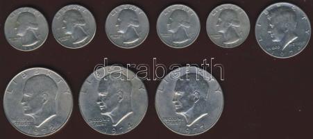 USA kis tétel 1966-82. 1/4$ "Franklin" (5x) + 1/2$ "Kennedy" (1x), 1$ "Eisenhower" (3x) T:2,3 Összesen 9db!