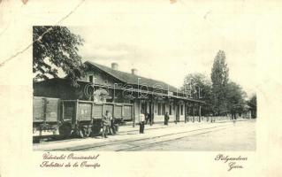 Oravicabánya, Oravita; Pályaudvar, Vasútállomás, MÁV vagonok, vasutasok. W. L. Bp. 1220. Kiadja J. E. Tieranu / Bahnhof / Gara / railway station, wagons, railwaymen (EB)