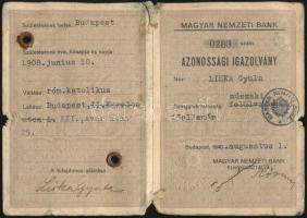 1940-1944 Magyar Nemzeti Bank fényképes azonossági igazolványa Liska Gyula építészmérnök, műszaki fe...