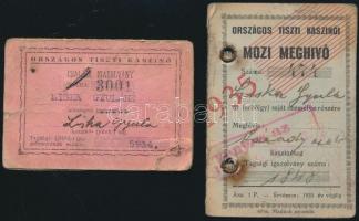 cca 1935 Országos Tiszti Kaszinó családi igazolványa, és mozi meghívója, Liska Gyula építészmérnök é...