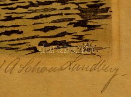 Lundberg jelzéssel: Tóparti vár, színezett rézkarc, papír, 18×23,5 cm