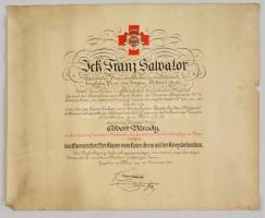 1916 Osztrák Vöröskereszt Díszjelvény II. osztályát, hadi ékítménnyel, adományozó oklevél, Várady Albert (1870-?) a m. kir. varasdi 10. honvédezred huszártisztjének (később ezredes) részére, Ferenc Salvator (1866-1939) főherceg aláírásával, német nyelven, gyűrődésekkel, az egyik szélen szakadással./  1916 Awarding diploma of Decoration for services to the red cross 2nd class with war decoration, for Albert Várady hussar officer (later colonel) from the 10th Varazdin Honved Hussars, with signature of archduke Franz Salvator (1866-1939) in German language, damaged.