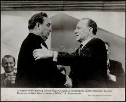 1966 Brezsnyev és Kádár János találkozása az MSZMP IX. Kongresszusán, MTI sajtófotó, felületén törésnyomokkal, 24x29 cm