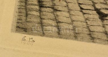 Max Kleinsorg (1866-1914): Utcai látkép, rézkarc, papír, jelzett a dúcon, 28,5×45 cm