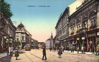 Miskolc, Széchenyi utca, villamos, üzletek