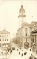 1929 Pécs, Széchenyi tér, Gyógyszertár az Arany Sashoz, villamos, Tauszig Armin üzlete és Páll Ödön nagyáruháza, Liliom angol crém, Dohánytőzsde. photo (EK)