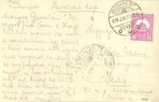 1929 Pécs, Széchenyi tér, Gyógyszertár az Arany Sashoz, villamos, Tauszig Armin üzlete és Páll Ödön ...