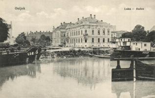 Eszék, Esseg, Osijek; Luka / Hafen / Kikötő, DDSG uszályok. Amalie Eckel Nr. 49. / harbor, port, barges