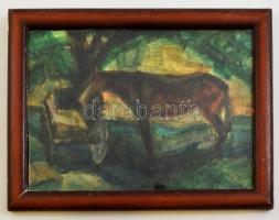 Pór jelzéssel: Ló a szekérnél. Akvarell, papír, üvegezett keretben, 21×29 cm