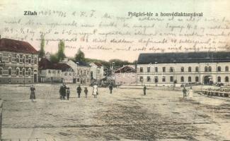 Zilah, Zalau; Polgári tér, Honvéd laktanya / square, military barracks (fa)
