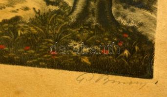 Olvashatatlan jelzéssel: Fák a vízparton. Színezett rézkarc, papír, 19×15 cm